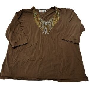 Quacker Factory Women Shirt Plus 1X Brown Beaded Neckline Cotton Spandex Boho